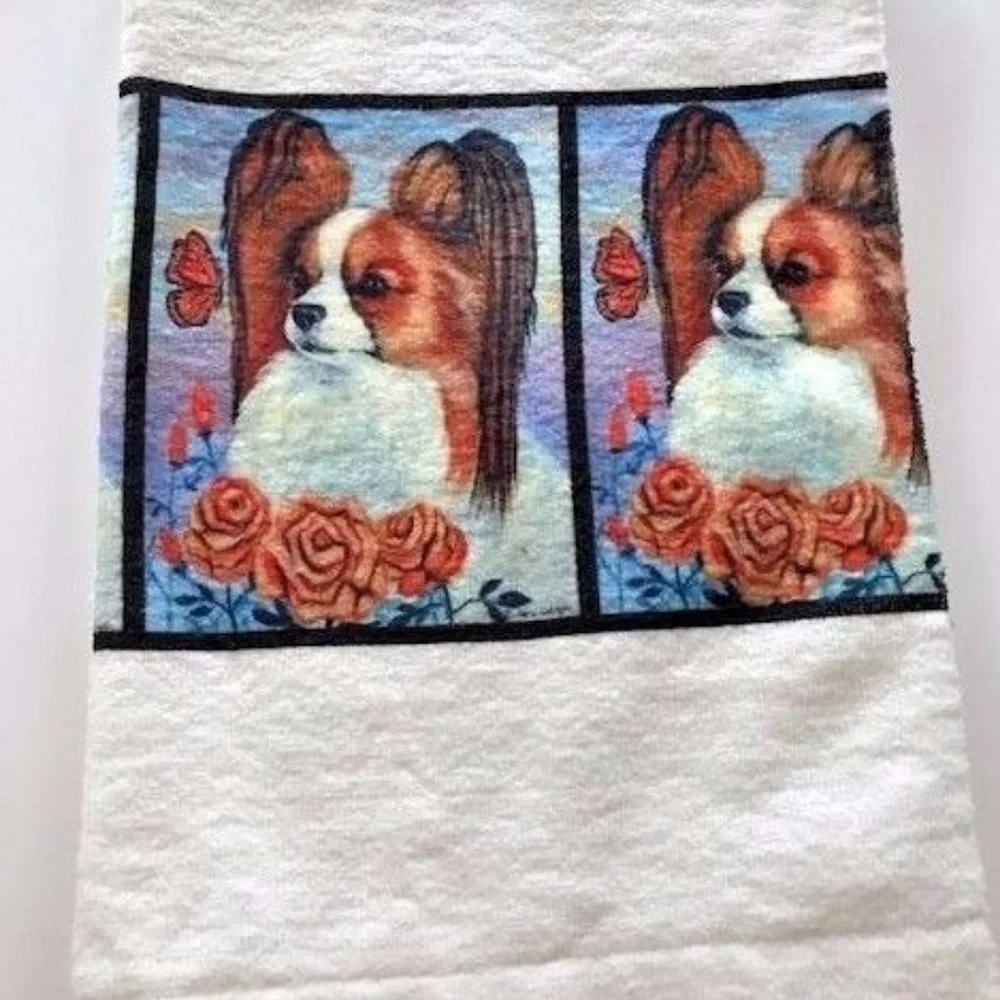 Papillon hand towel White Red Sable Dog New USA